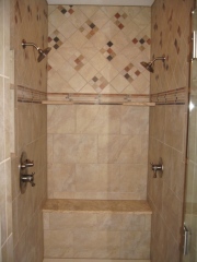 Master Bathroom: Two-Person Walk-In Shower Stall, Glass Door, Rain Shower Heads, Dual Controls, Built-In Bench; Luxury Homes Built, Indianapolis, Indiana, Madison Custom Homes, Inc.