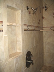 Master Bathroom: Marble-Tiled Walk-In Shower Stall, Rain Shower Head, Built-In Shelves / Bench; Custom Luxury Homes Built, Indianapolis, Indiana, Madison Custom Homes, Inc.