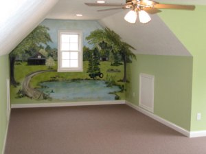 Child's Bedroom, Sleep Alcove, Hand Painted Mural, Wall Art, Lighted Ceiling Fan Light Fixture