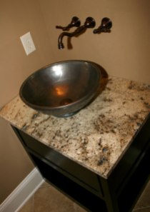 Custom-Built Bathroom Floating Sink, Antique Cabinet, Marble Top, Wall-Mounted Faucets / Spigot