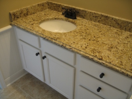 Custom-Built Home Bathroom: Recessed Sink, Under-Counter Storage, Granite Counter, Luxury Home Builder, Indianapolis, Indiana, Madison Custom Homes Inc.
